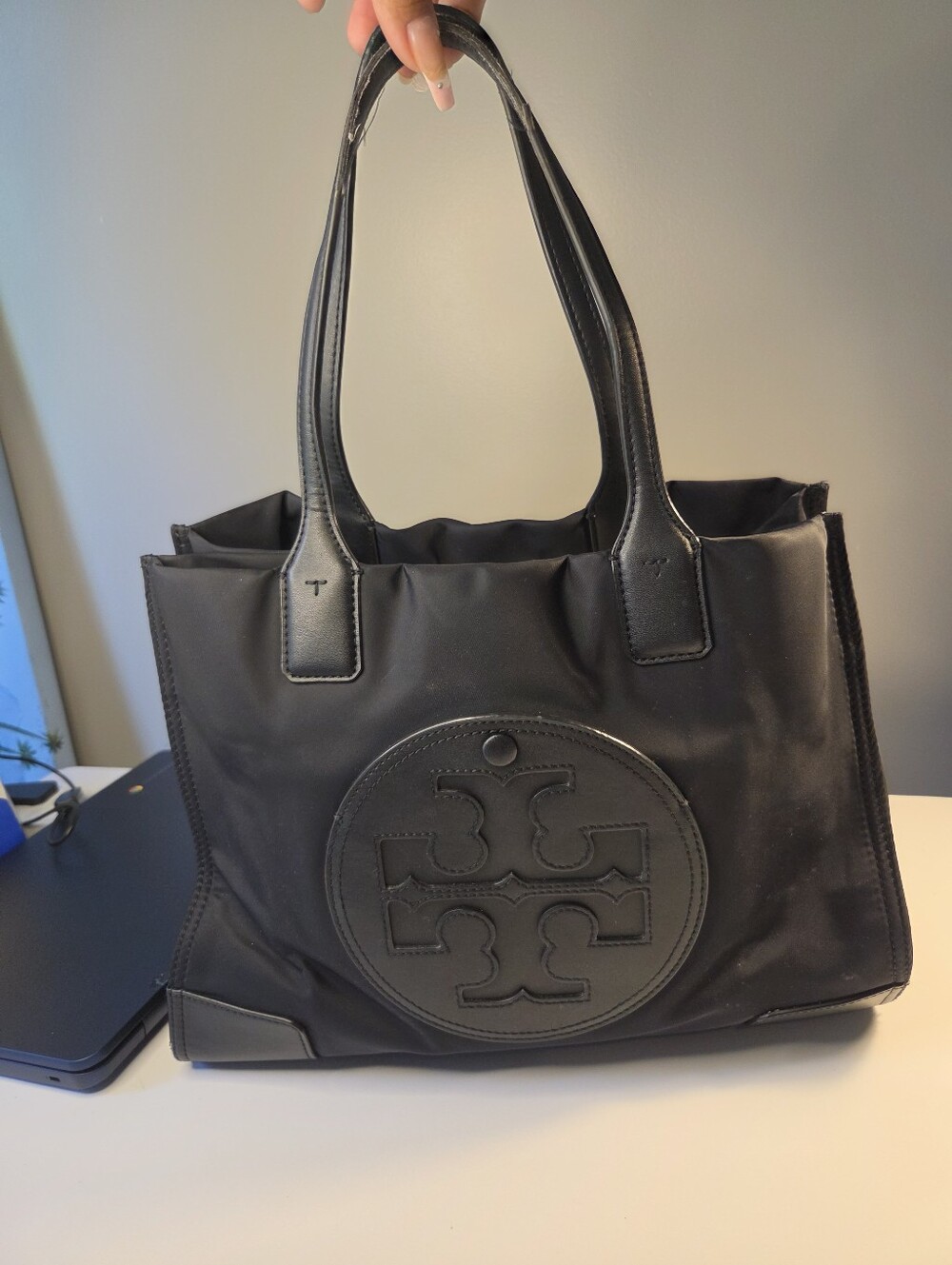 Tory Burch Ella Black Nylon Leather Tote Bag Authentic Logo Design